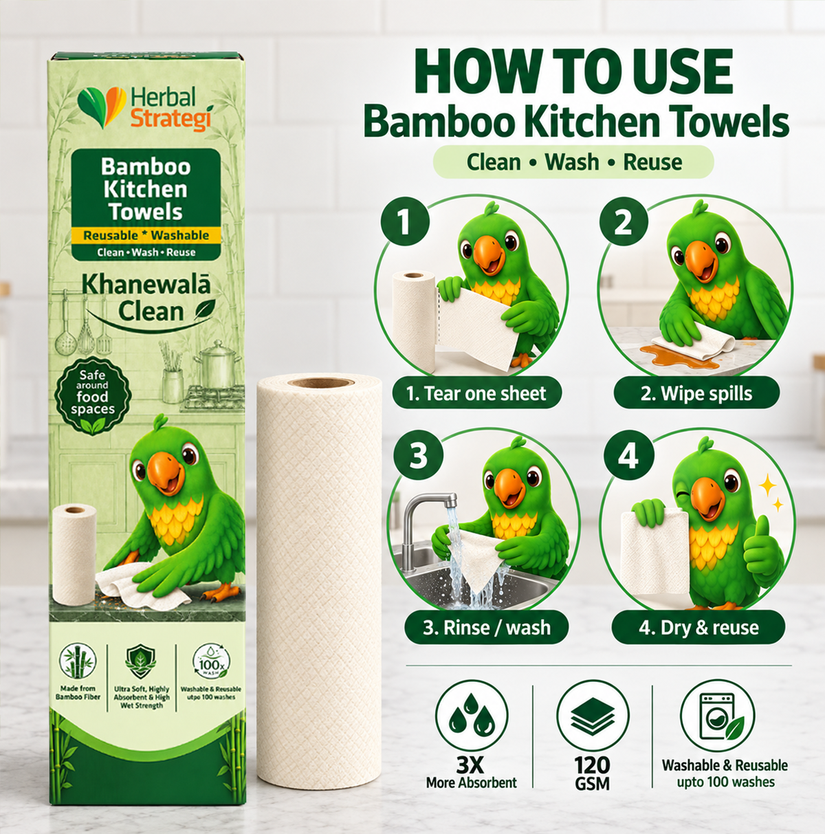 Herbal Strategi Bamboo Kitchen Towels | 120 GSM | Reusable & Washable | 18 Sheets
