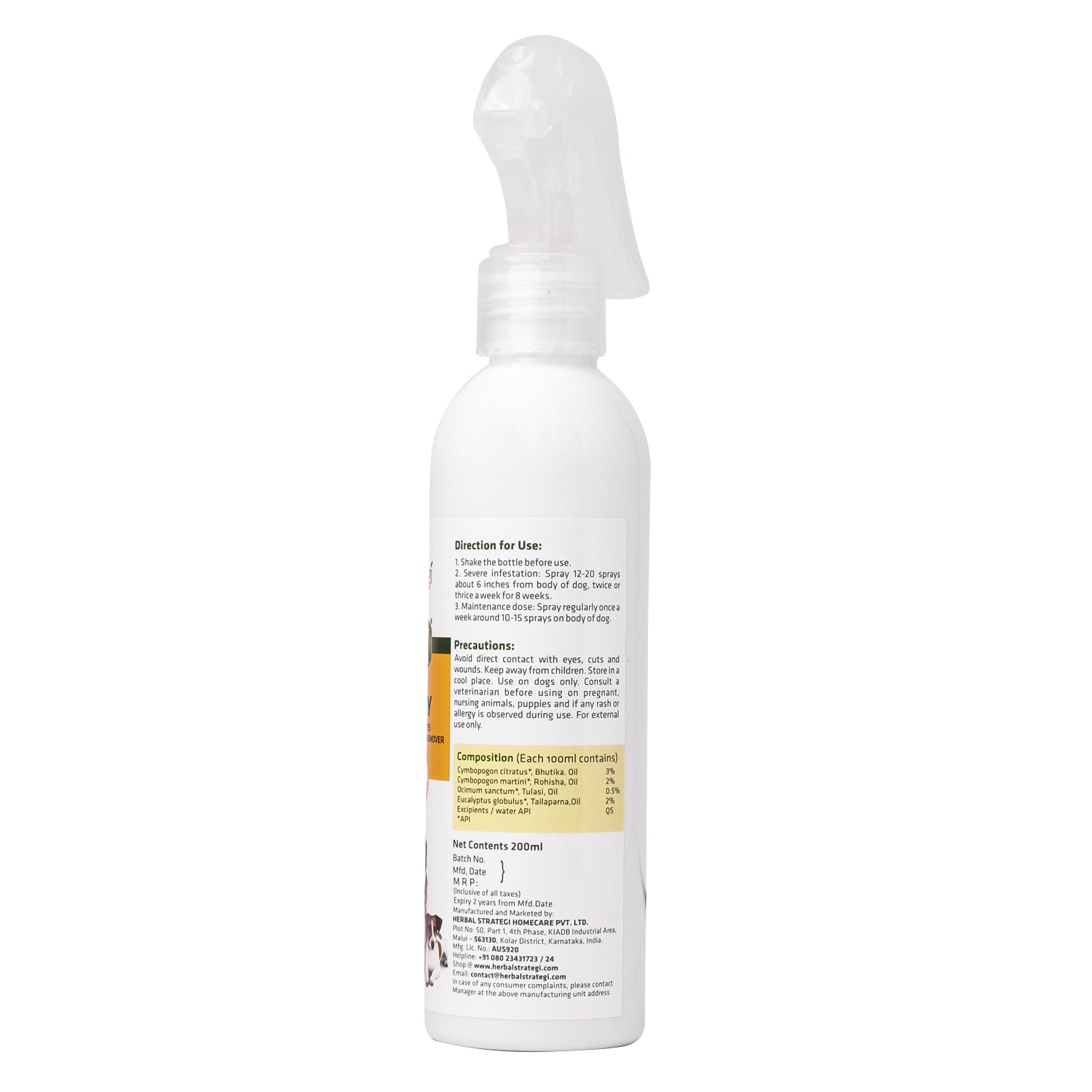 Herbal Ticks, Fleas, Lice and Mites Spray for Dogs | Product Size: 100 ml, 200 ml, 500 ml