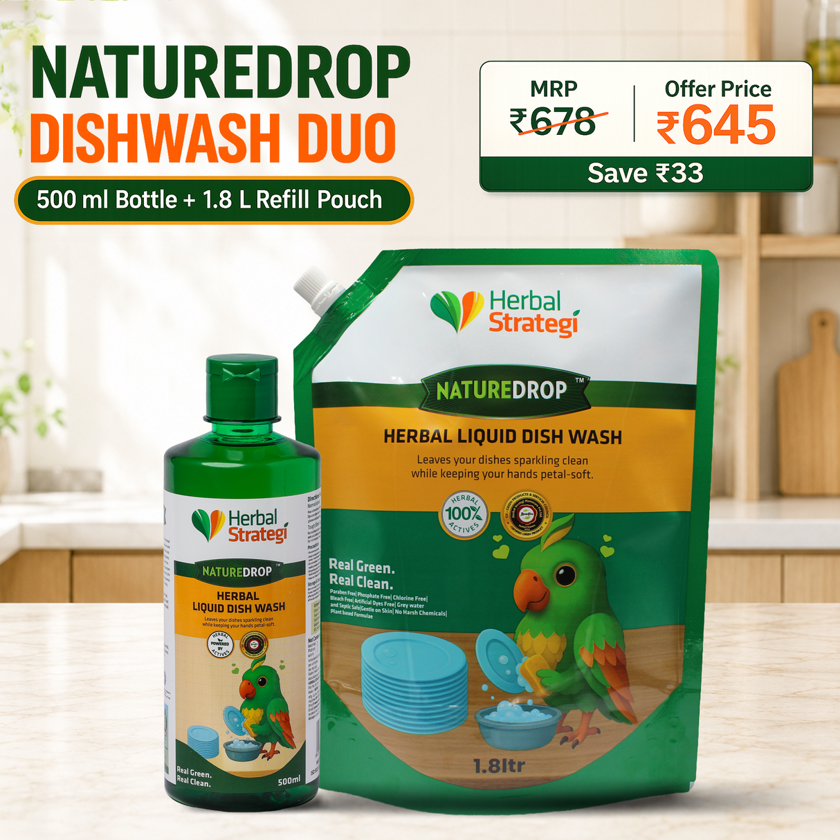 NatureDrop Herbal Liquid Dish Wash Duo – 500 ml Bottle + 1.8 L Refill Pouch