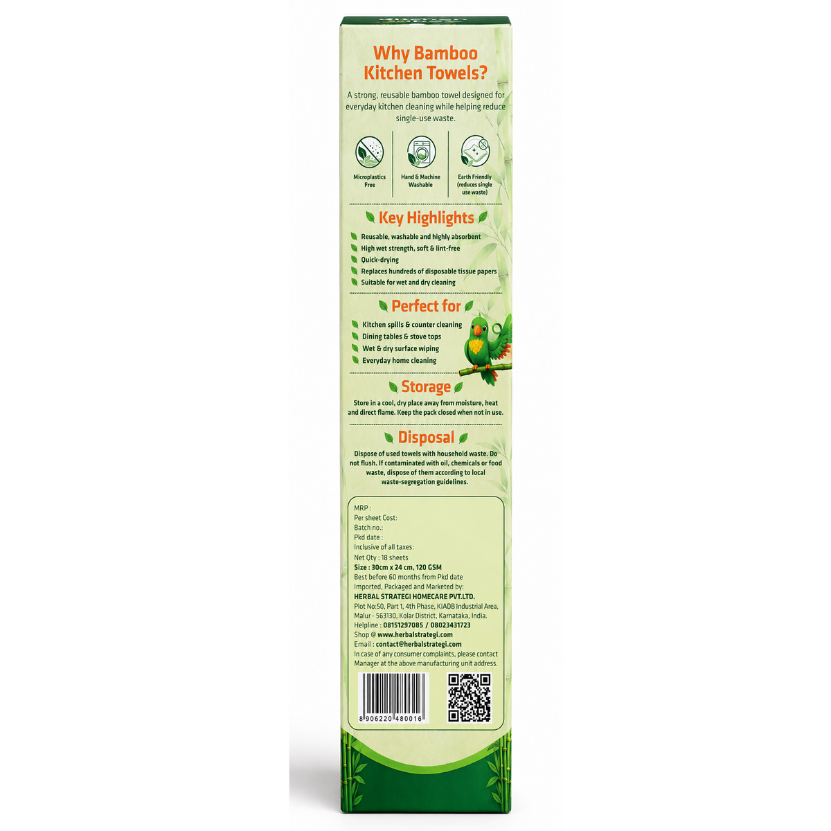 Herbal Strategi Bamboo Kitchen Towels | 120 GSM | Reusable & Washable | 18 Sheets