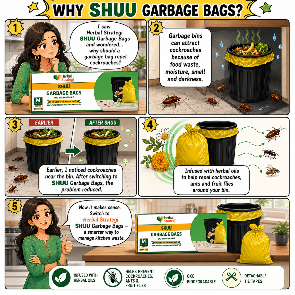 Shuu Garbage Bags (Pack of 3) | Helps Prevent Cockroaches & Insects | Medium 19 x 21 Inches