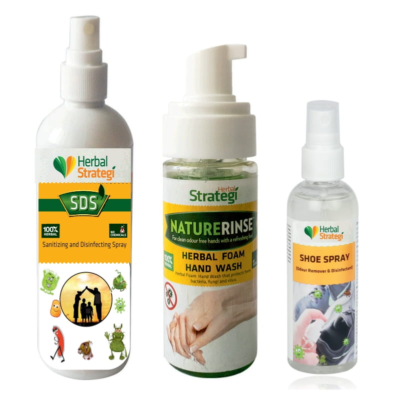 Herbal Hygiene Pack of 3 ( Foam Hand wash 150 ml + Sanitizing and Disinfecting Spray 200 ml + Shoe Spray Odour remover 100 ml)